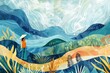 A surreal wallpaper illustration portraying a rice farmer amidst a fantastical landscape of abstract forms and colors, inviting viewers to explore, Generative AI