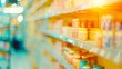 pharmacy drugstore shelves interior blurred abstract background : Generative AI