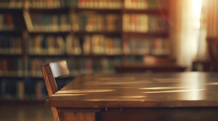 Wall Mural - library with table desk and bookshelf abstract blur defocused background : Generative AI