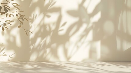 Poster - Minimalistic abstract gentle light beige background for product presentation with light andand intricate shadow from the window and vegetation on wall : Generative AI