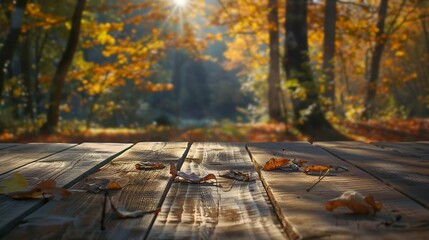 Aufkleber - The empty rustic wooden table for product display with blur background of autumn forest Exuberant image : Generative AI