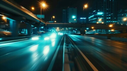 Poster - Traces of headlights of moving cars on the highway and street lights in the city at night Blurred car movement : Generative AI