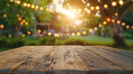 Wall Mural - Empty wooden table with party in garden background blurred : Generative AI