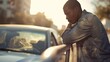 Black male in casual clothes looking away while standing near road with car and leaning on handrail on city street : Generative AI