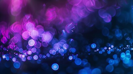 Aufkleber - Blur neon light Lens flare overlay Bokeh fluorescent flash gleam Defocused blue purple color flecks on dark black abstract background : Generative AI