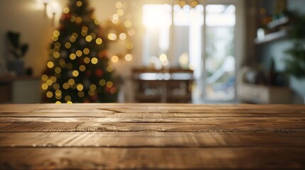 Poster - The empty wooden brown table top with blur background of home room in winter Exuberant image : Generative AI