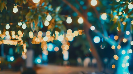 Poster - vintage tone blur image of night festival in garden with bokeh for background usage : Generative AI