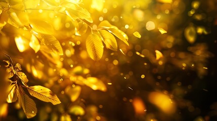 Poster - Beautiful blurred autumn background with yellowgold leaves in the rays of sunlight on a dark natural background : Generative AI
