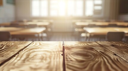 Leinwandbilder - Rustic wooden table in a classroom setting perfect for displaying educational products or designs Tabletop view on blurred background with empty tables and atmospheric light Flawless : Generative AI
