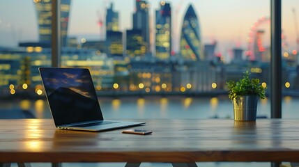 Poster - Office workplace with laptop and smart phone on wood table and london city blurred background : Generative AI