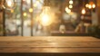 Wooden table top on blurred shop window of cafe with light bulb Background for product display montage or key visual design : Generative AI