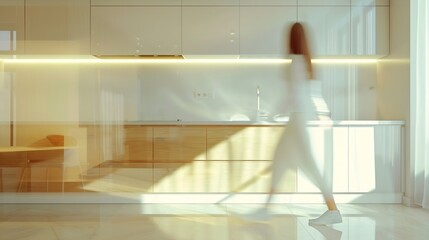 Stylish kitchen interior of modern apartment with motion blurred female person walking inside Interior made in white and beige tones with wooden kitchen front and floor : Generative AI