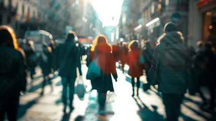 Poster - Blurred people walking through a city street : Generative AI