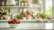 Clean and empty marble countertop green vintage kitchen furniture with lots of flowers and bowl of strawberries pair of white hanging pendant lights various crockery in blurred backgro : Generative AI
