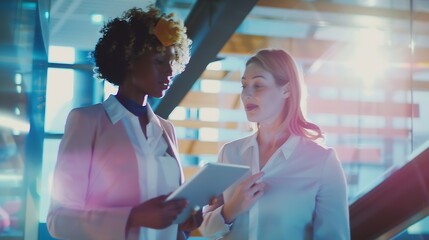 Poster - Two Female Business Colleagues With Digital Tablet Having Informal Meeting By Stairs In Busy Office : Generative AI