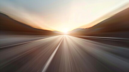 Wall Mural - Empty long mountain road to the horizon on a sunny summer day at bright sunset  speed motion blur effect : Generative AI