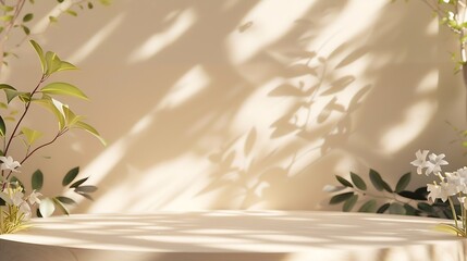 Blurred background Abstract beige studio background for product presentation Empty room with shadows of window and flowers and leaves  3d room with copy space Summer concert : Generative AI