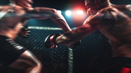 MMA Boxers fighters in fights without rules in ring octagon motion blur dark background banner : Generative AI