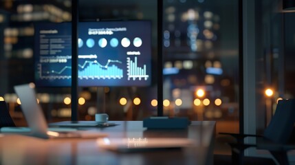 Leinwandbilder - Blurred office background Modern Empty Meeting Room with Big Conference Table with Various Documents and Laptop on it Wall TV Showing Company Statistics Graphs Late Evening or Night Ci : Generative AI