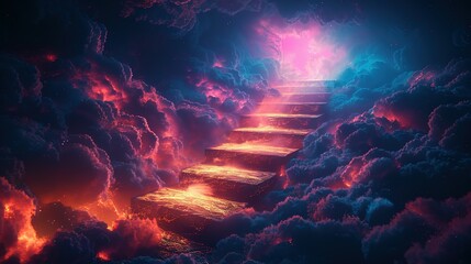 Stairway to heaven in heavenly concept. Religion background. Stairway to paradise in a spiritual concept. Stairway to light in spiritual fantasy. Path to the sky and clouds. God light