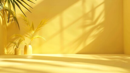 Canvas Print - Abstract yellow color gradient studio background for product presentation Empty room with shadows of window and flowers and palm leaves  3d room with copy space Summer concert Blurred  : Generative AI