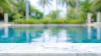 Poster - Empty white marble stone table top and blurred swimming pool in tropical resort in summer banner background  can used for display or montage your products : Generative AI