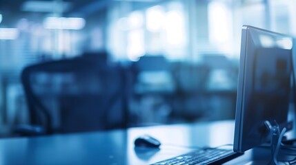 Leinwandbilder - Abstract business blurred in the workplace or work space of table work in office with computer or shallow depth of focus as corporate interior background : Generative AI