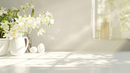 Wall Mural - Table background of free space and kitchen interiorWhite wall with shadows and sunny warm morning timeCopy space for your composition Easter table with spring flowers in a sunny April  : Generative AI