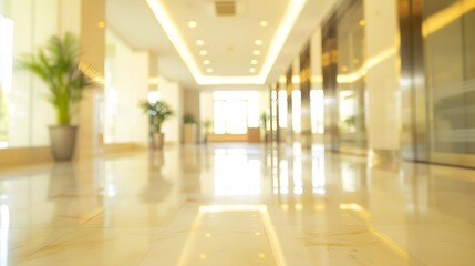 Aufkleber - Blurred hotel or office building lobby blur background interior view toward reception hall modern luxury white room space with blurry corridor and building glass wall window : Generative AI