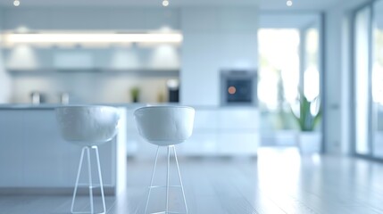 Poster - Blurred view of modern kitchen with white furniture : Generative AI