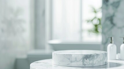 Poster - Marble white podium on table for bathing product display on blur bathroom sink background : Generative AI