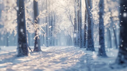 Poster - Trees and pathway covered with snow in winter park blurred view : Generative AI
