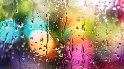Poster - Closeup through window of colorful water spreading over glass surface against multicolored blurred background : Generative AI