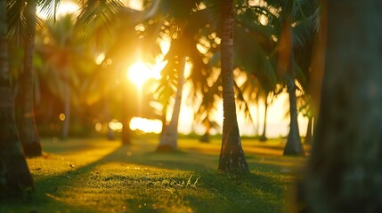 Aufkleber - Blur nature bokeh green park by beach and tropical coconut trees in sunset time : Generative AI