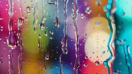 Poster - Closeup through window of rainy day with water dripping down glass against blurred colorful background : Generative AI