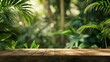© Generative AI - Wood tabletop counter podium floor in outdoors tropical garden forest blurred green leaf plant nature backgroundNatural product placement pedestal stand displaysummer jungle paradise c : Generative AI