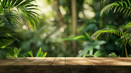 Wall Mural - Wood tabletop counter podium floor in outdoors tropical garden forest blurred green leaf plant nature backgroundNatural product placement pedestal stand displaysummer jungle paradise c : Generative AI