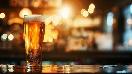 Poster - Glass of chilled beer on table and blurred sparkling bar background : Generative AI