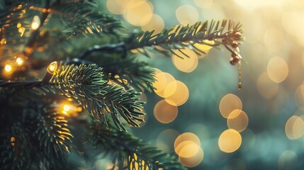 Poster - Christmas tree branches with garland lights on bokeh background : Generative AI