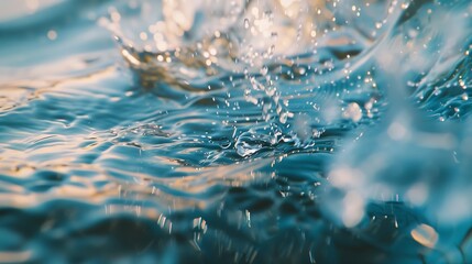 Poster - Blurred transparent blue colored clear calm water surface texture with splashes and bubbles Trendy abstract nature background Water waves in sunlight : Generative AI