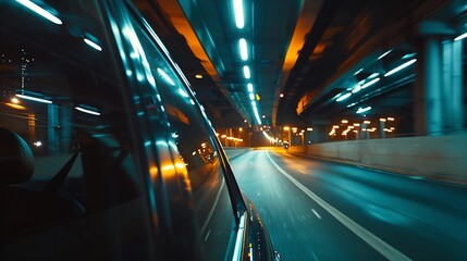 Aufkleber - Motion time of a speedy night drive in a big city ending in the underground car parking Side view from the car window to the road with light trails from vehicles and street lights : Generative AI