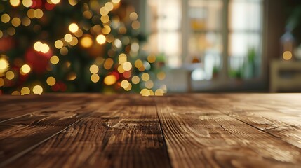 Poster - The empty wooden brown table top with blur background of home room in winter Exuberant image : Generative AI