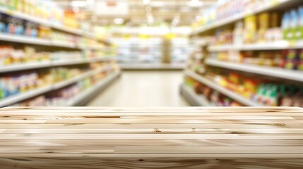 Aufkleber - Tabletop view on modern product display in grocery or department store with wooden table and blurred backdrop for advertising and promotion on table showcase Flawless : Generative AI