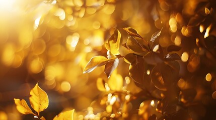 Poster - Beautiful blurred autumn background with yellowgold leaves in the rays of sunlight on a dark natural background : Generative AI