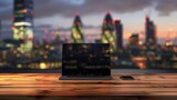 Fototapeta Fototapeta Londyn - Office workplace with laptop and smart phone on wood table and london city blurred background : Generative AI