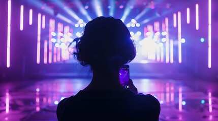 Back view silhouette of unrecognizable person taking video with smartphone while watching modern show against illuminated neon stage : Generative AI