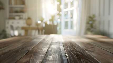 Poster - The empty wooden brown table top with blur background of home room in winter Exuberant image : Generative AI