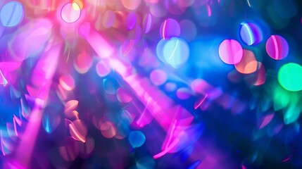Aufkleber - Neon blur glow Color light overlay Disco illumination Defocused blue pink green ultraviolet radiance soft texture on dark abstract empty space background : Generative AI