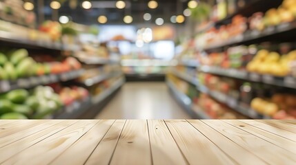 Poster - tabletop view on modern product display in grocery or department store with wooden table and blurred