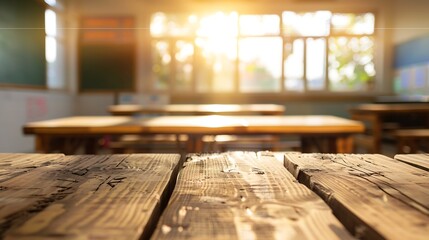 Wall Mural - Rustic wooden table in a classroom setting perfect for displaying educational products or designs Tabletop view on blurred background with empty tables and atmospheric light Flawless : Generative AI